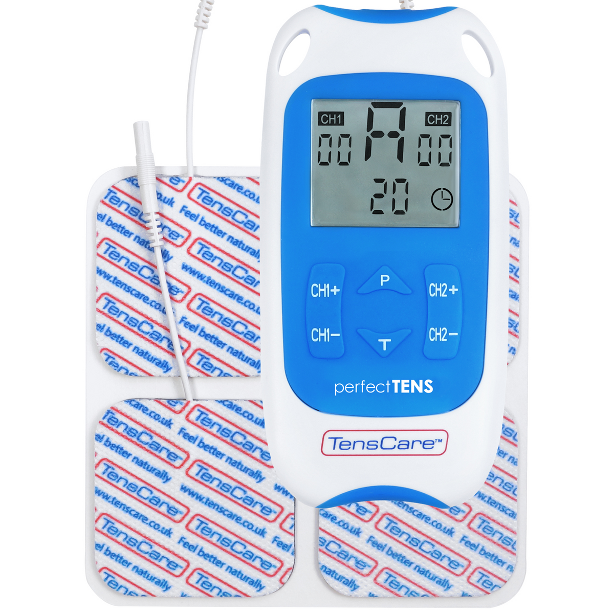 TensCare Perfect TENS unit with four electrode pads attached