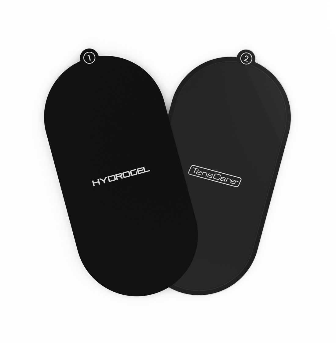 Pair of TensCare FORM large oval replacement hydrogel pads, numbered 1 and 2