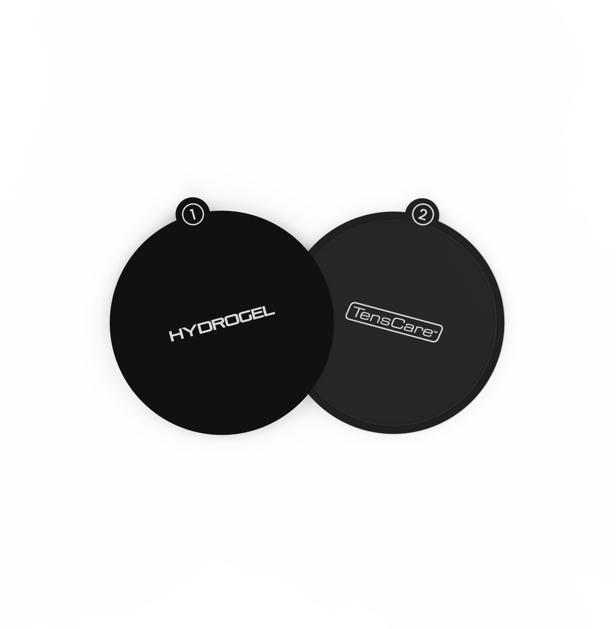 Pair of TensCare FORM small round replacement hydrogel pads, numbered 1 and 2