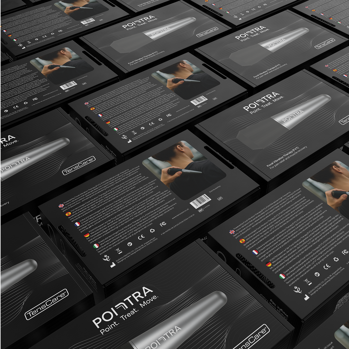 Rows of TensCare Pointra retail boxes