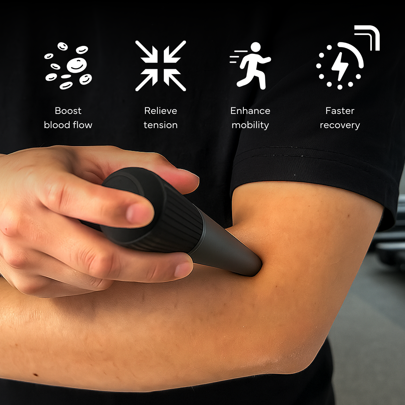 Hand using the Pointra on a forearm; boosts blood flow, relieves tension, enhances mobility and speeds recovery