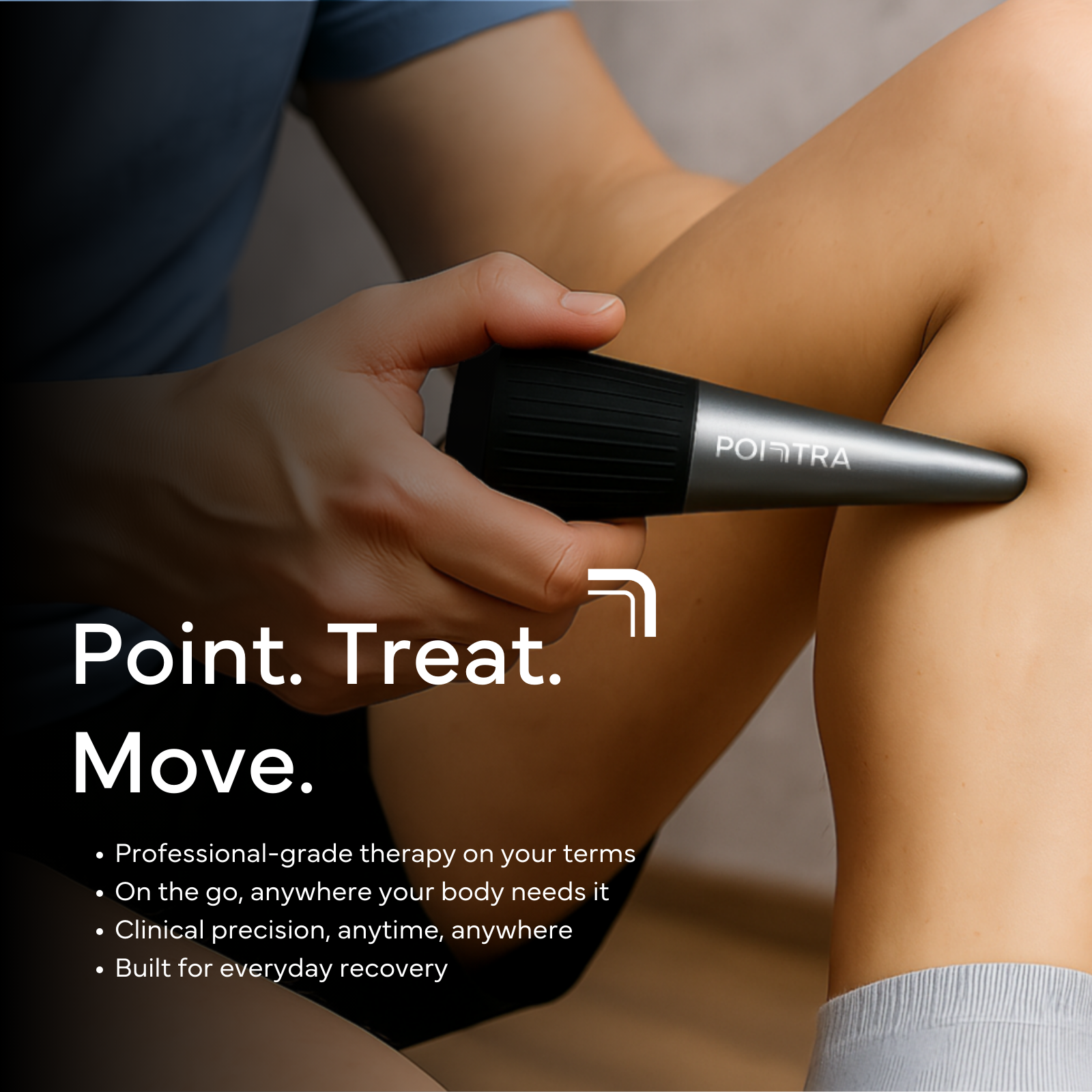 Pointra being used on a knee, captioned point, treat, move