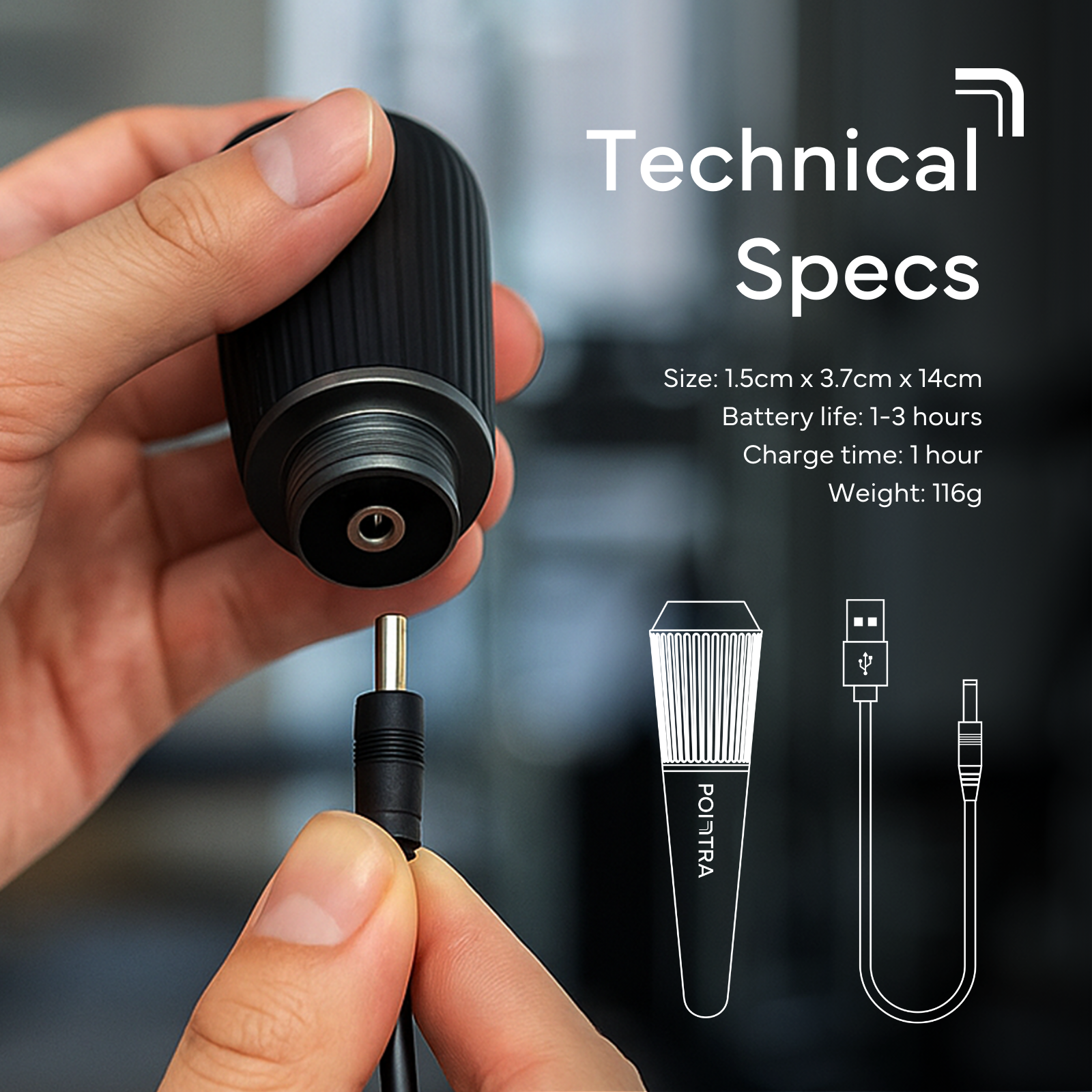 Hand holding the Pointra with its charging cable and technical specifications