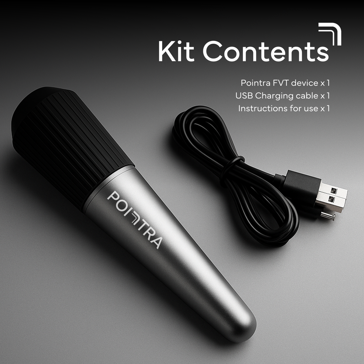Pointra kit contents: the device, a USB charging cable and instructions for use