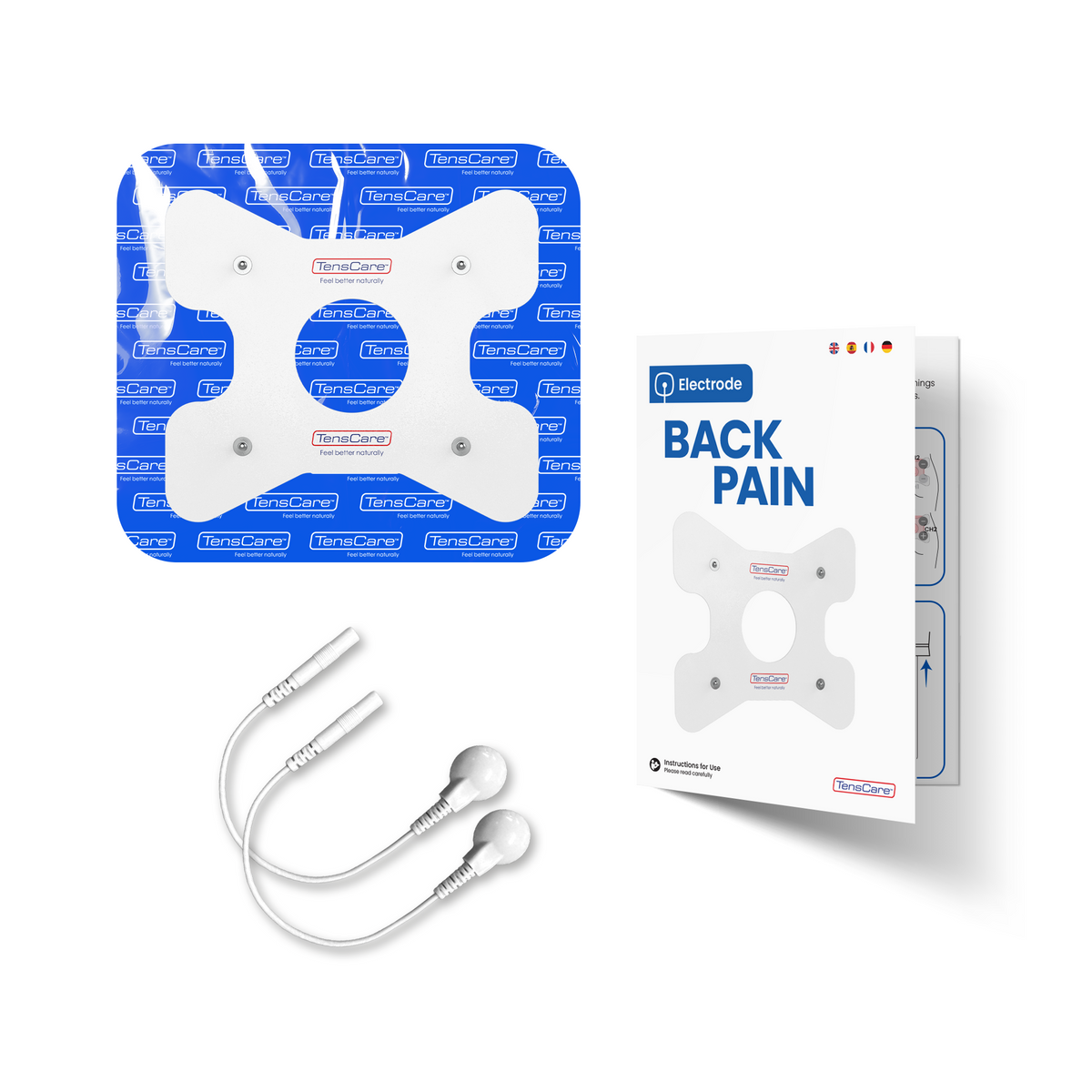 TensCare back pain electrode pad with lead wires and retail carton