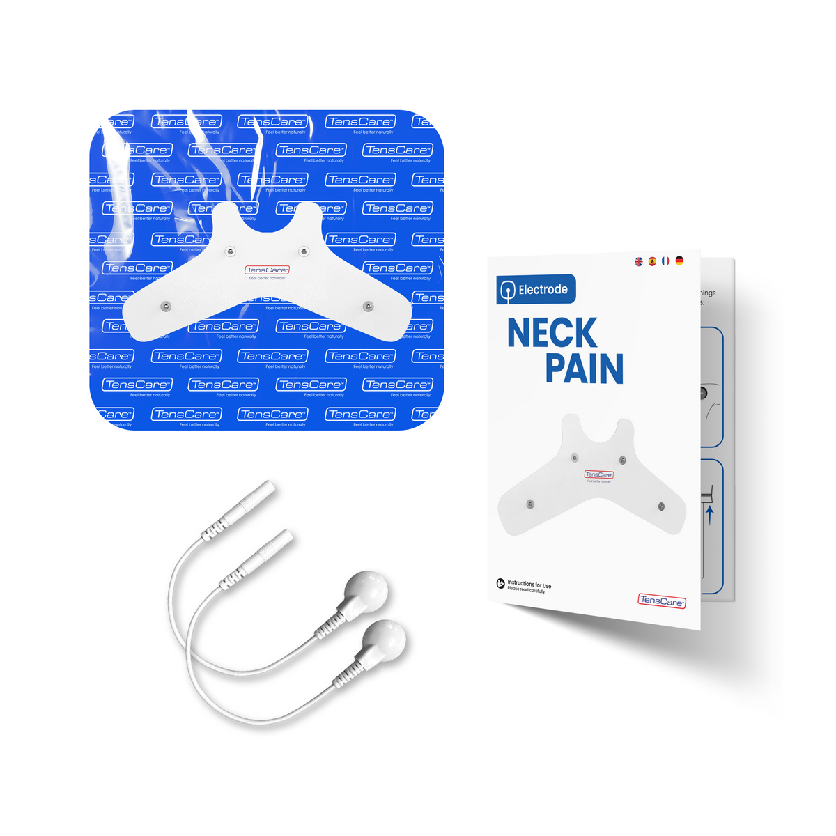 TensCare neck pain electrode pad with lead wires and retail carton