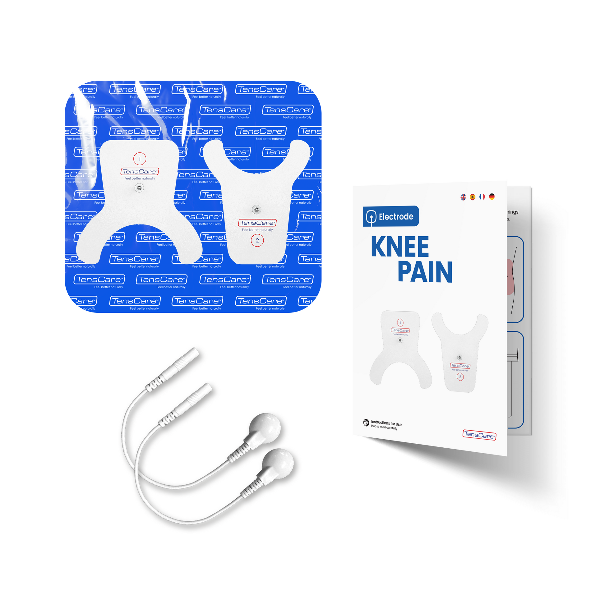 TensCare knee pain electrode pad with lead wires and retail carton