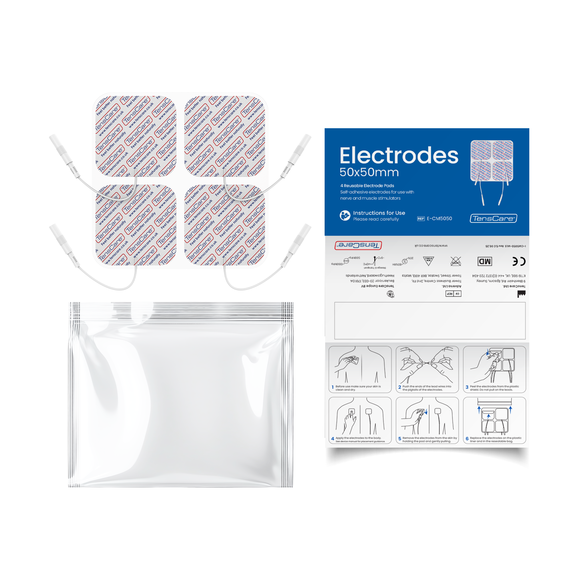 Four 50 x 50 mm electrode pads with resealable bag and TensCare retail packaging