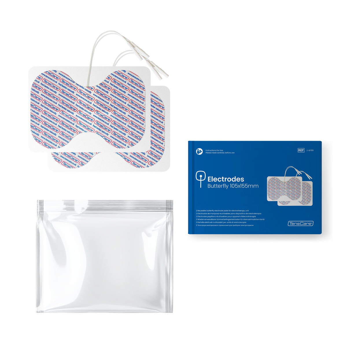 Butterfly electrode with resealable bag and TensCare 105 x 155 mm retail packaging