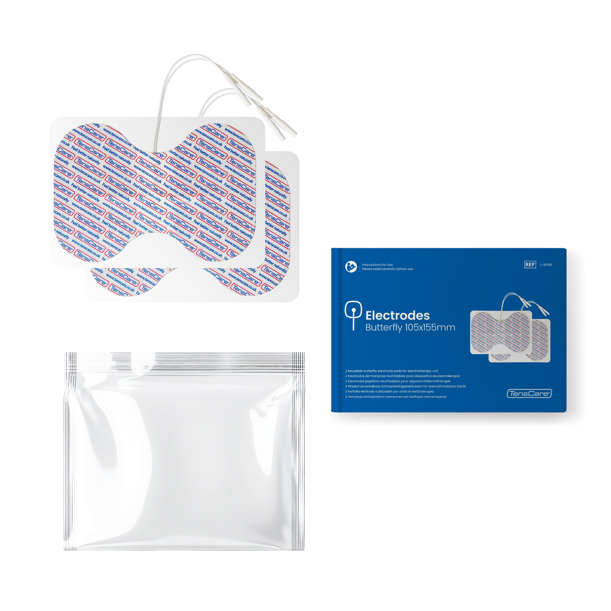 Butterfly electrode with resealable bag and TensCare 105 x 155 mm retail packaging
