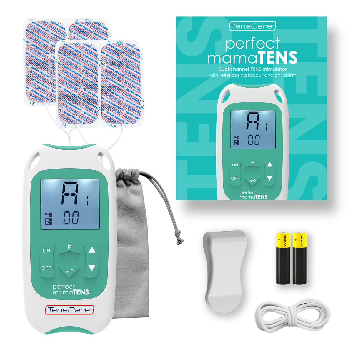 Full MamaTENS kit: unit, electrode pads, storage pouch, belt clip, batteries, lead wires and retail sleeve