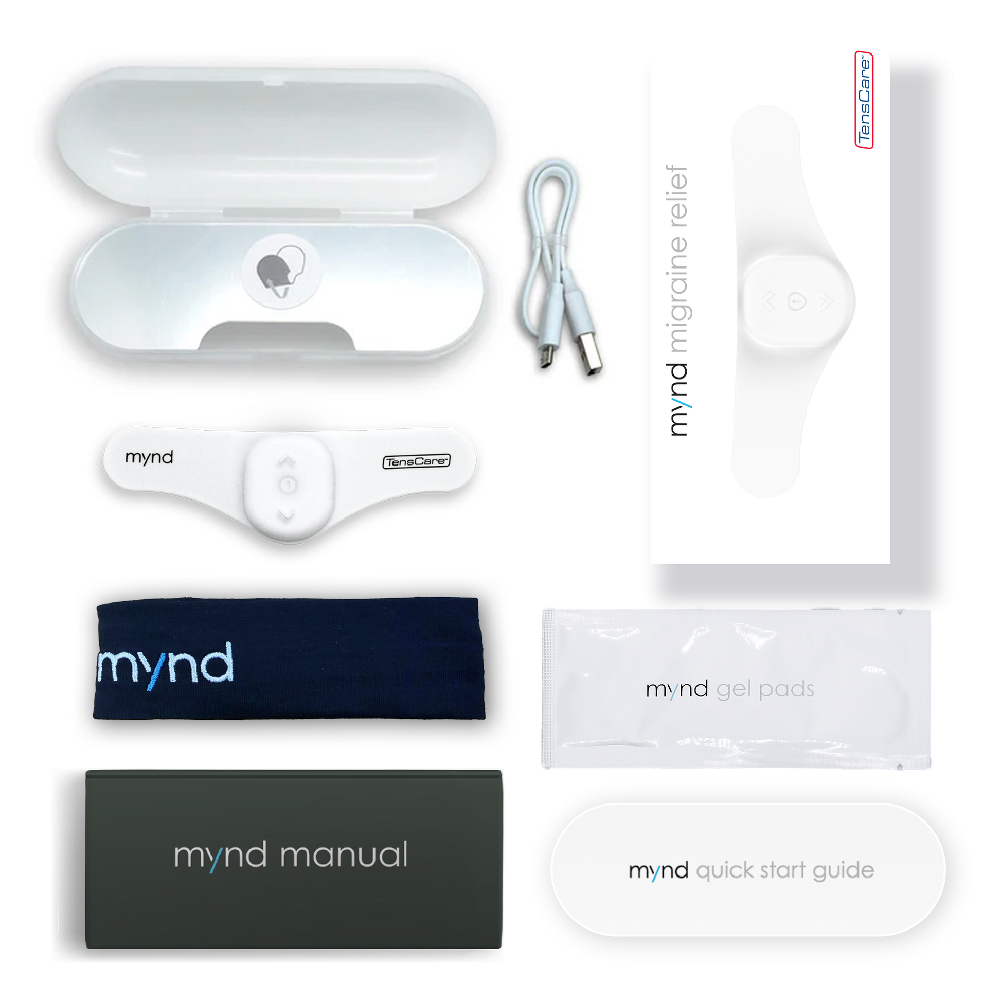 Full Mynd kit laid out: headband, travel case, USB cable, gel pads, storage pouch, manual and quick start guide