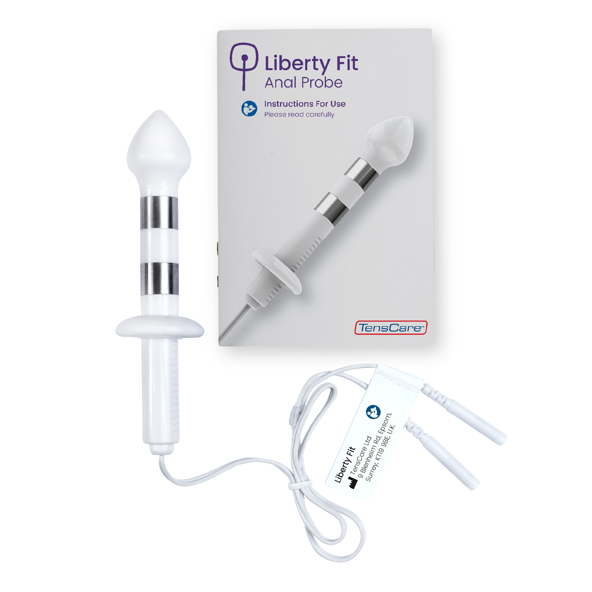 TensCare Liberty Fit anal probe with lead wire and instructions for use leaflet