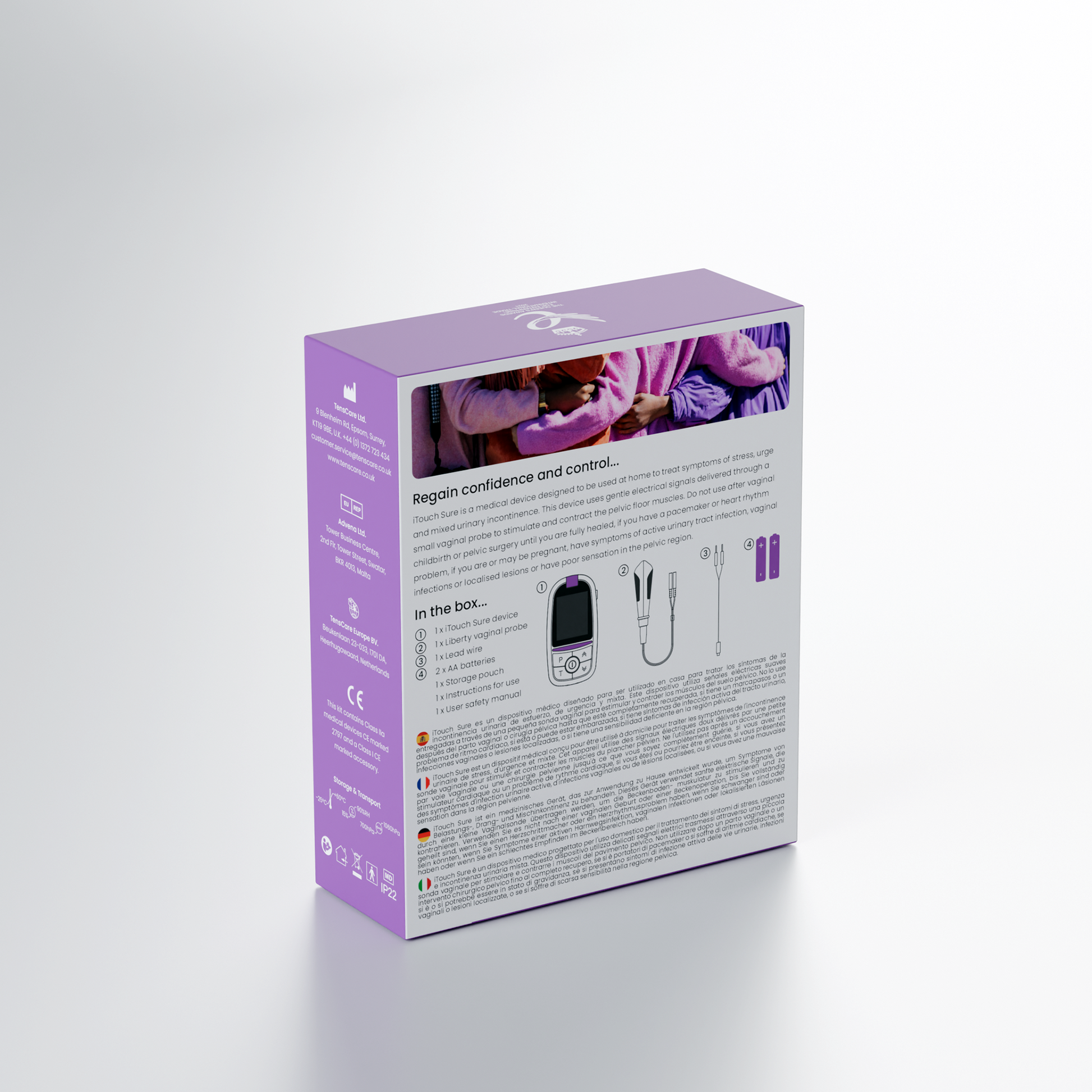 TensCare iTouch Sure retail box, reverse showing in-the-box contents