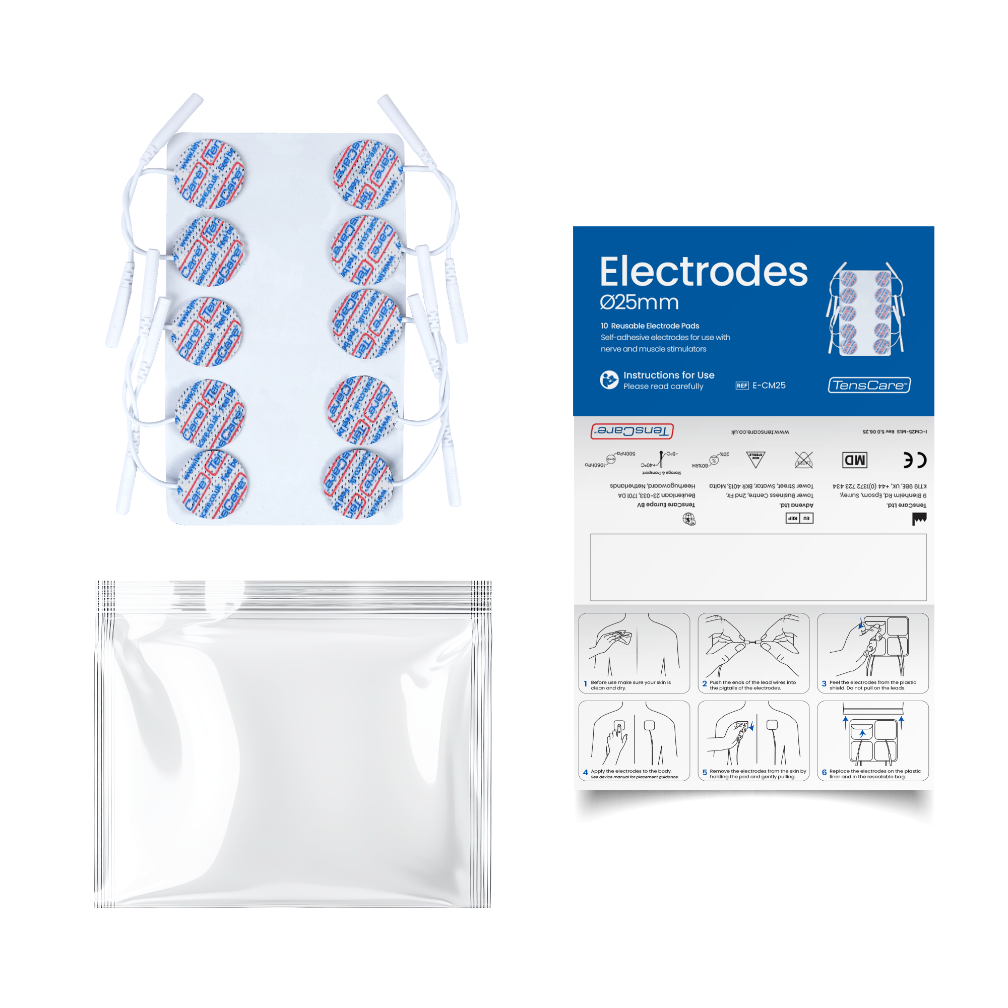 Sheet of 25 mm round electrode pads with resealable bag and TensCare retail packaging