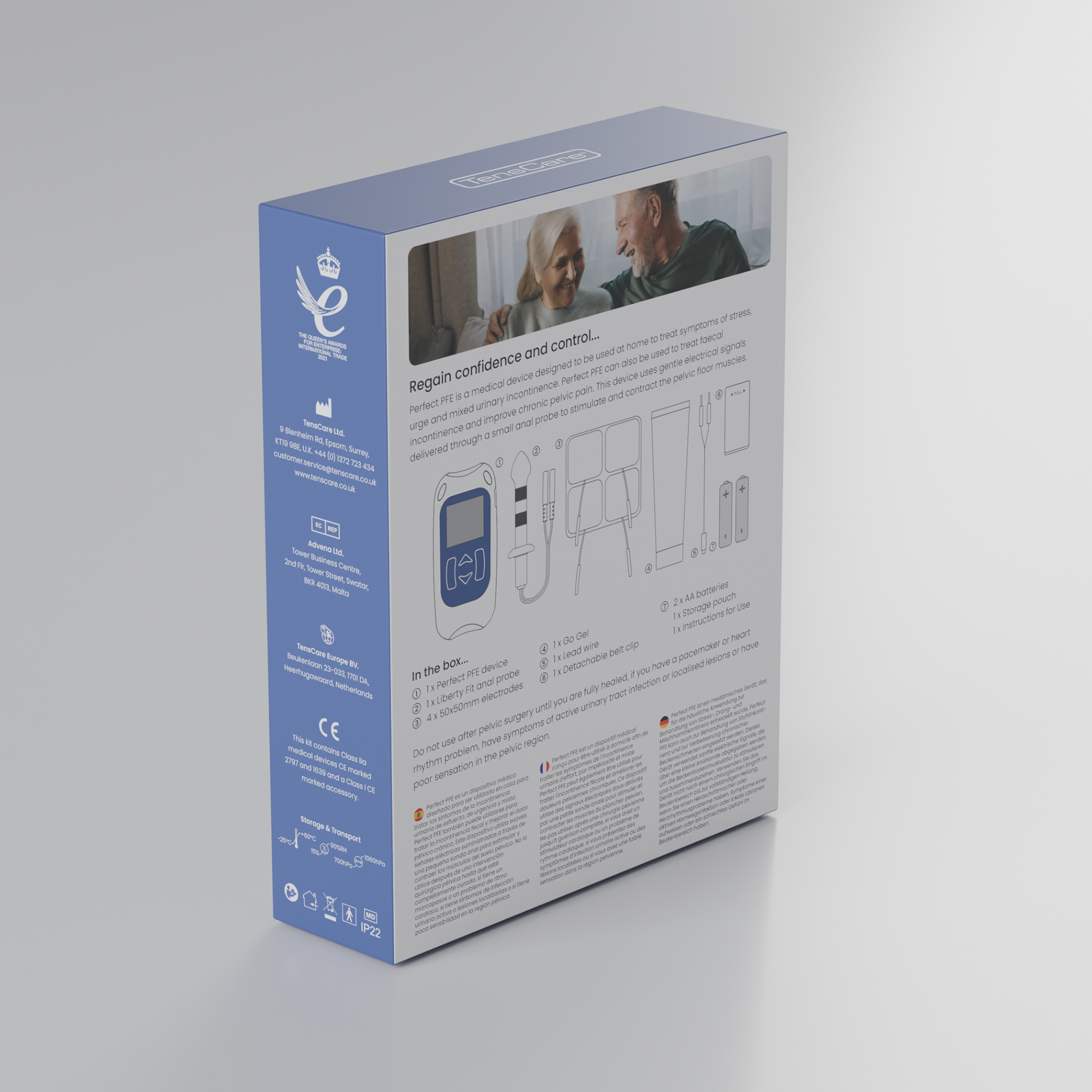 TensCare Perfect PFE for men retail box, reverse showing in-the-box contents