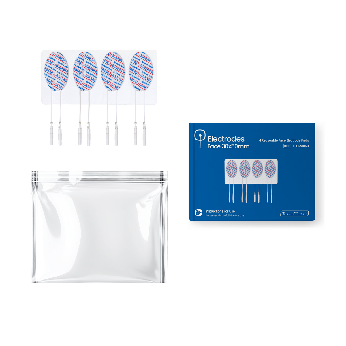 Face electrode pads with resealable bag and TensCare Face 30 x 50 mm retail packaging