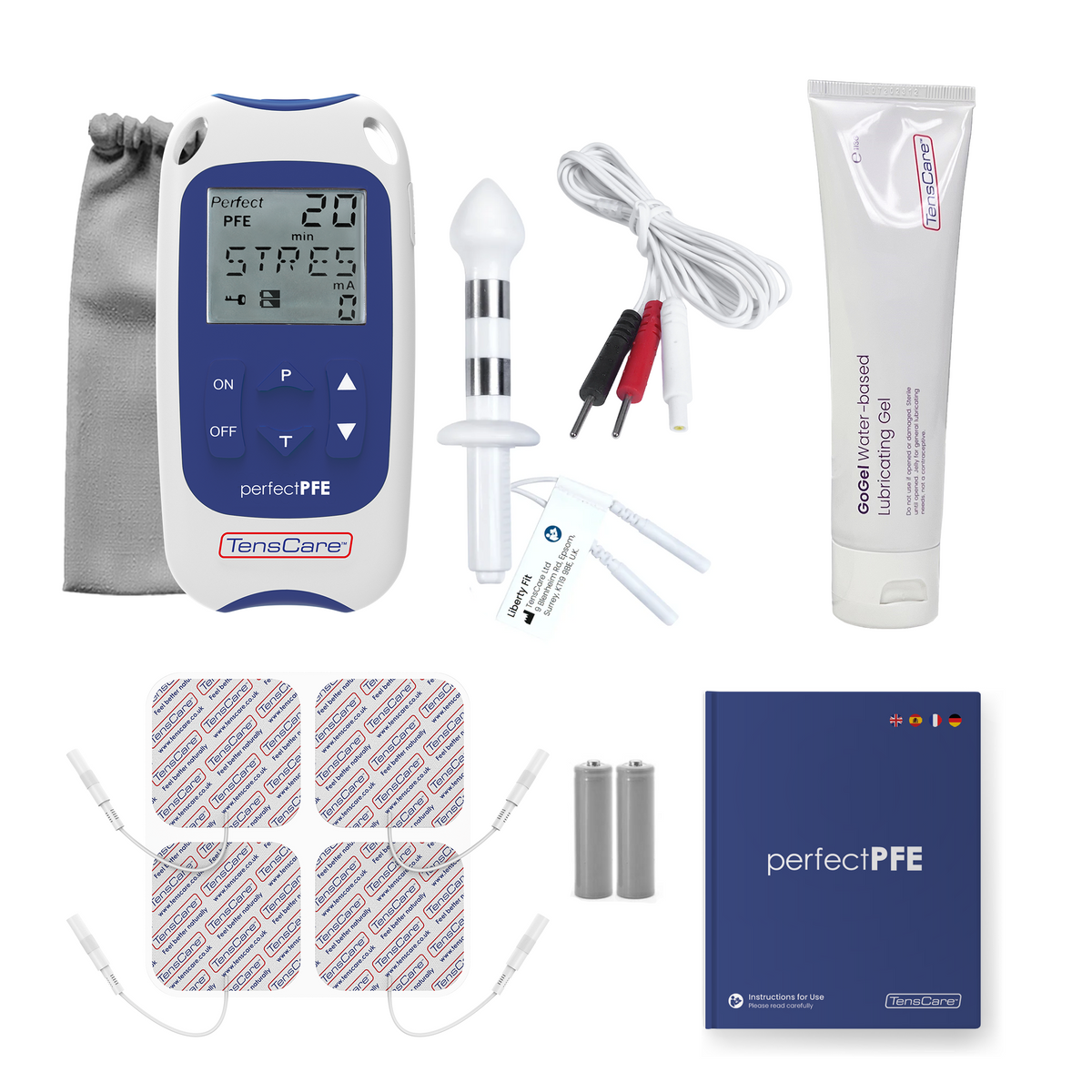 Full Perfect PFE for men kit: unit, probe, lead wires, lubricating gel, electrode pads, batteries, pouch and manual