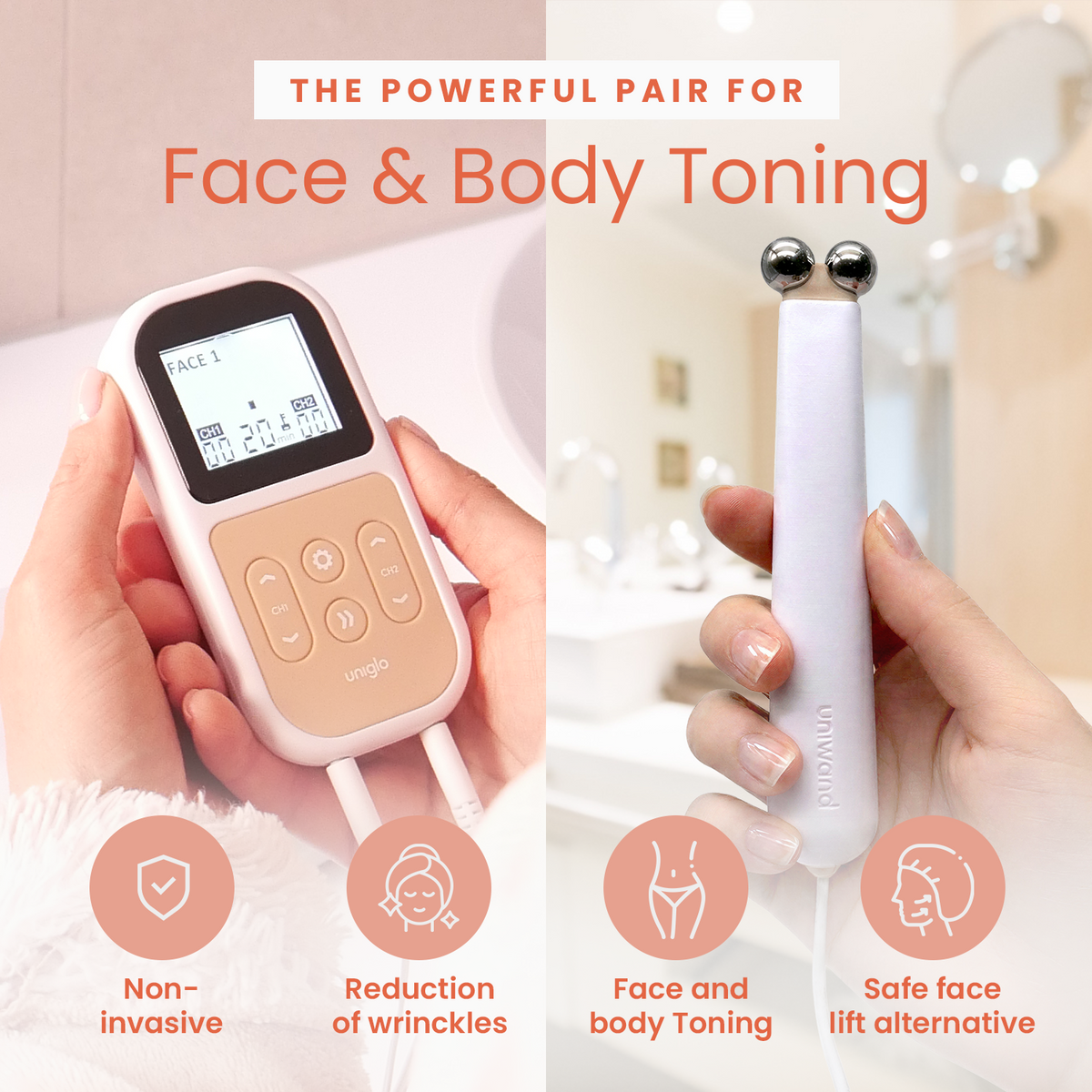 Uniglo and Uniwand, the powerful pair for face and body toning; non-invasive, reduces wrinkles
