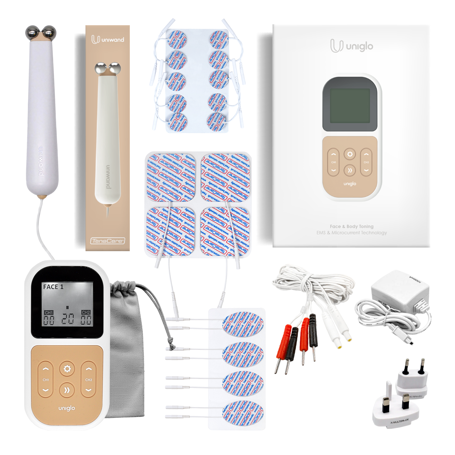 Full Uniglo and Uniwand kit: units, electrode pads, retail boxes, lead wires, pouch and mains charger