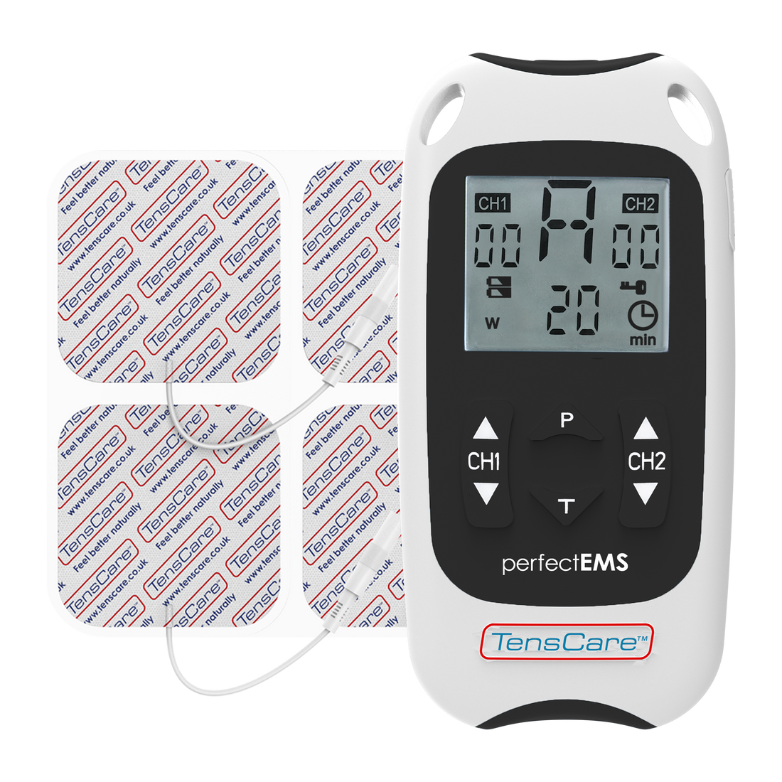 TensCare Perfect EMS muscle stimulator unit with four electrode pads