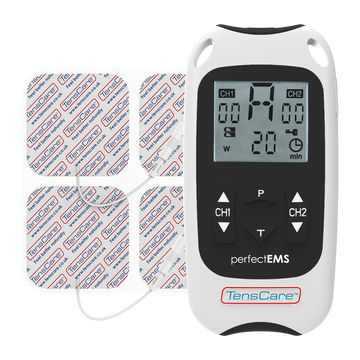 TensCare Perfect EMS muscle stimulator unit with four electrode pads
