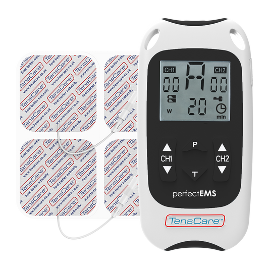 TensCare Perfect EMS muscle stimulator unit with four electrode pads