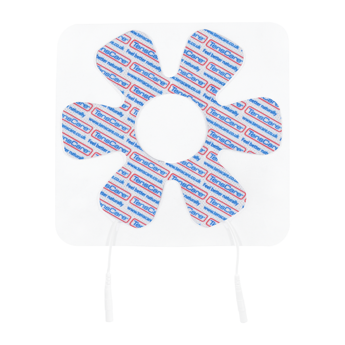 TensCare flower-shaped joint electrode pad with a central opening and lead wires