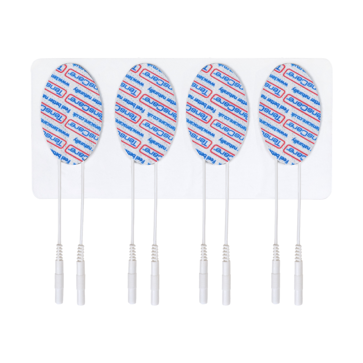 Four TensCare oval face electrode pads on their backing sheet with lead wires laid flat