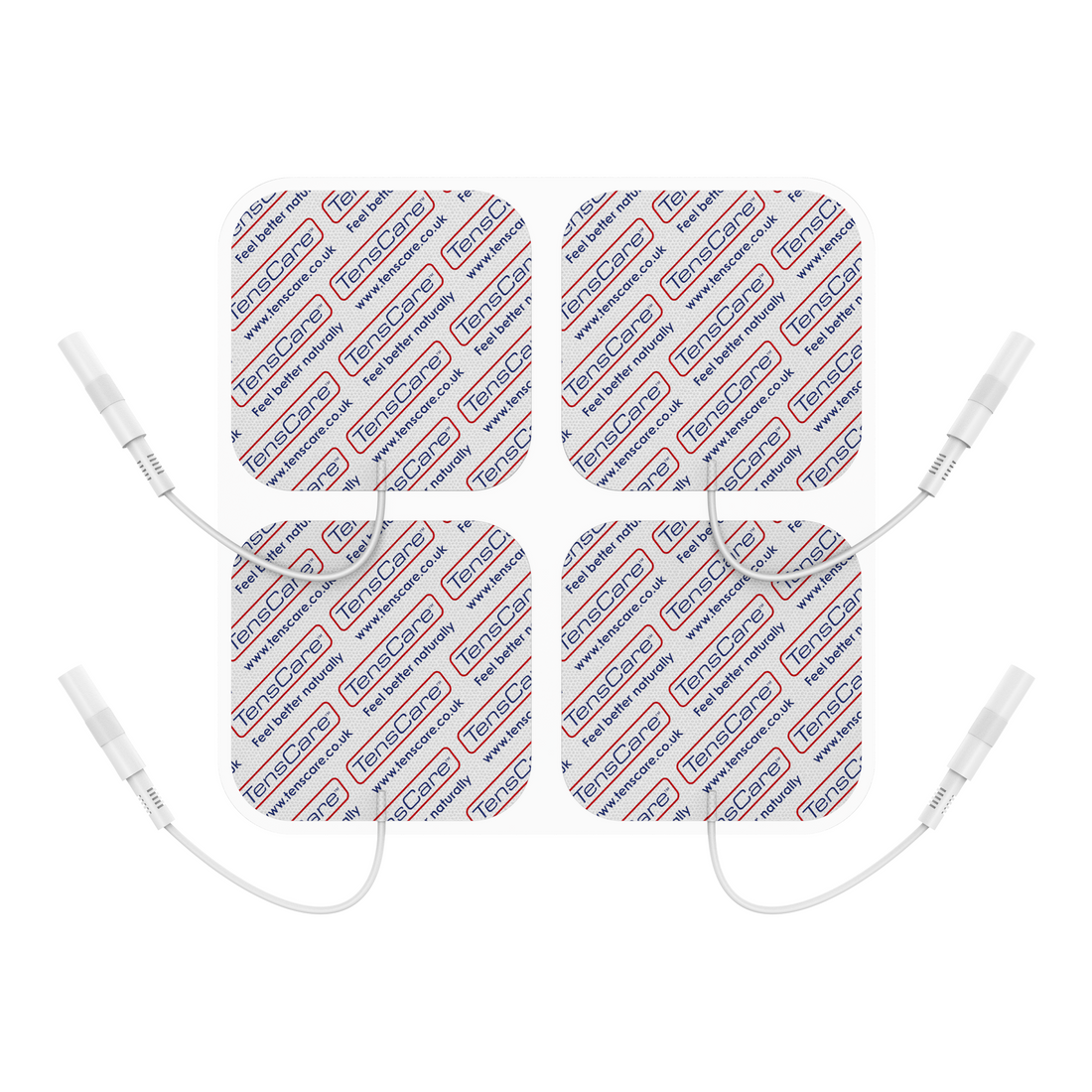 Four TensCare 50 x 50 mm square carbon mesh electrode pads with lead wires