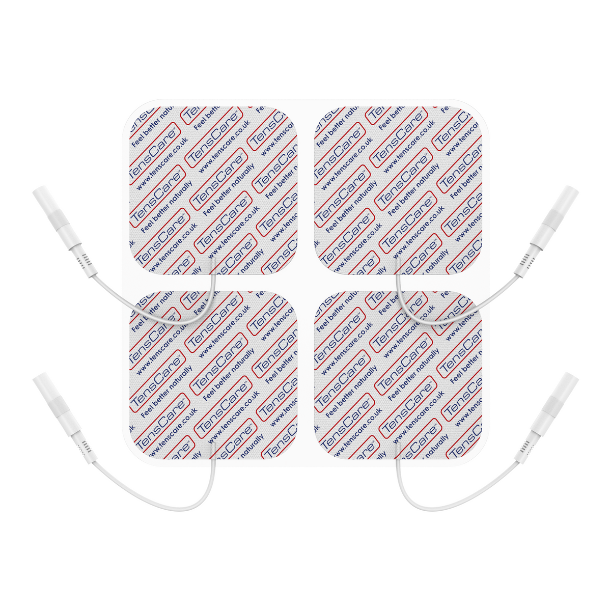 Four TensCare 50 x 50 mm square carbon mesh electrode pads with lead wires
