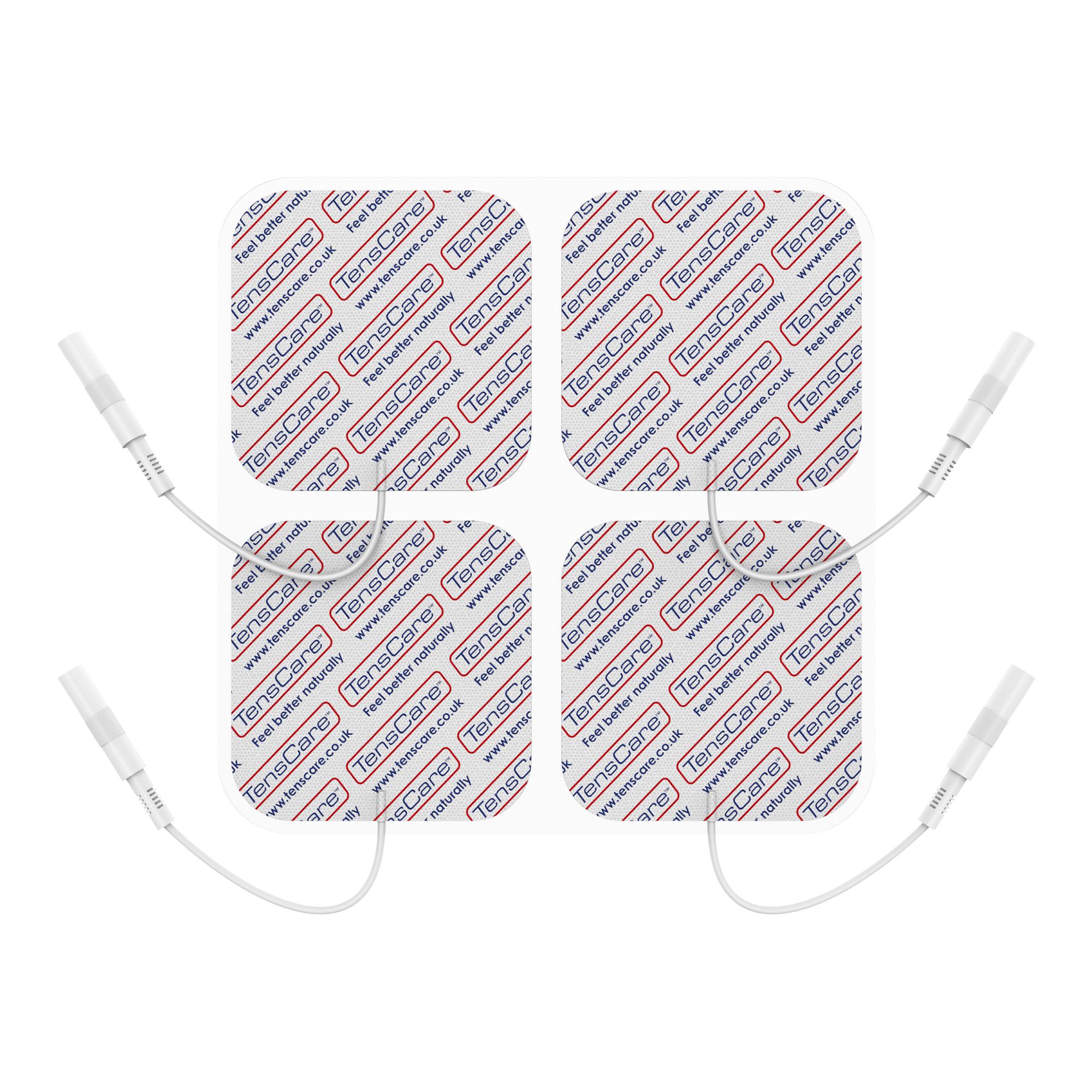 Four TensCare 50 x 50 mm square carbon mesh electrode pads with lead wires