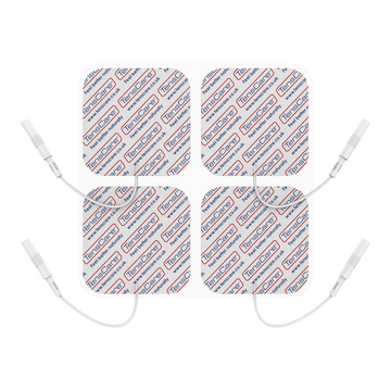 Four TensCare 50 x 50 mm square carbon mesh electrode pads with lead wires