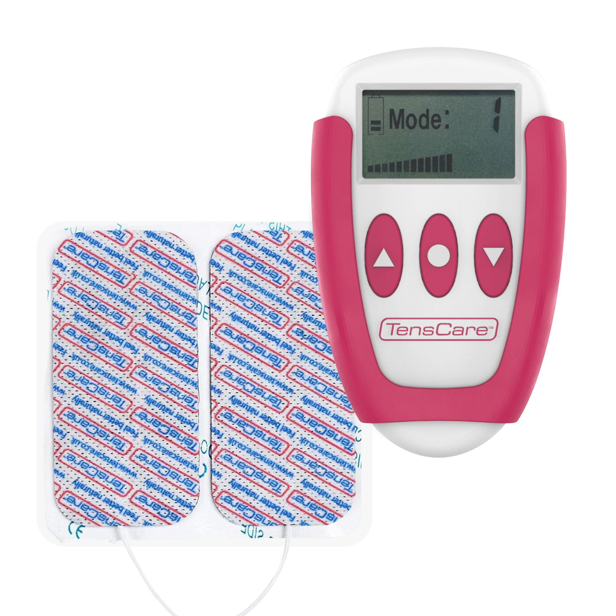 TensCare Ova+ period pain relief unit in pink and white with two electrode pads