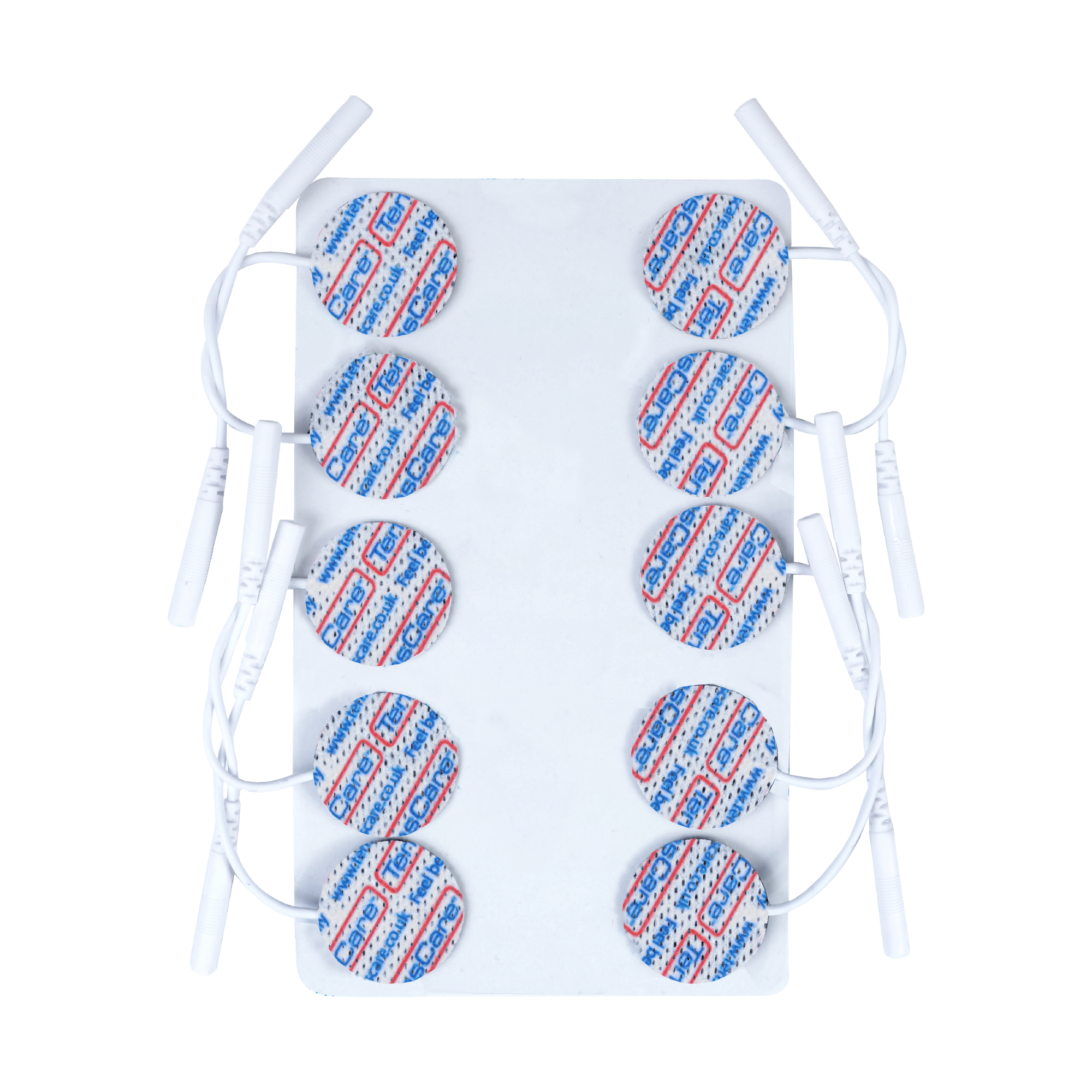 Ten TensCare 25 mm round electrode pads on a backing sheet with lead wires