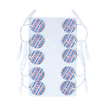 Ten TensCare 25 mm round electrode pads on a backing sheet with lead wires