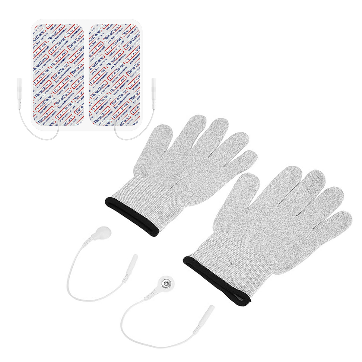 Pair of TensCare iGlove conductive glove electrodes with two electrode pads and lead wires