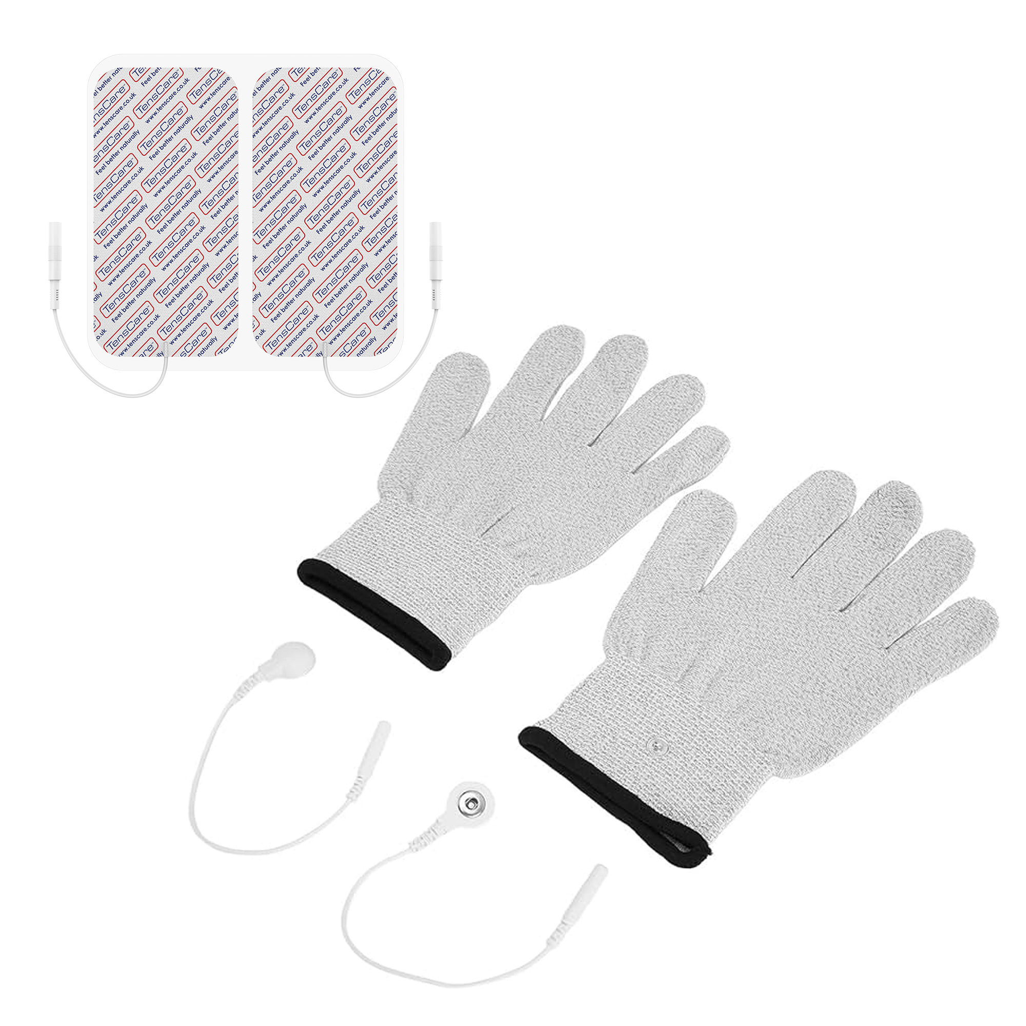 Pair of TensCare iGlove conductive glove electrodes with two electrode pads and lead wires