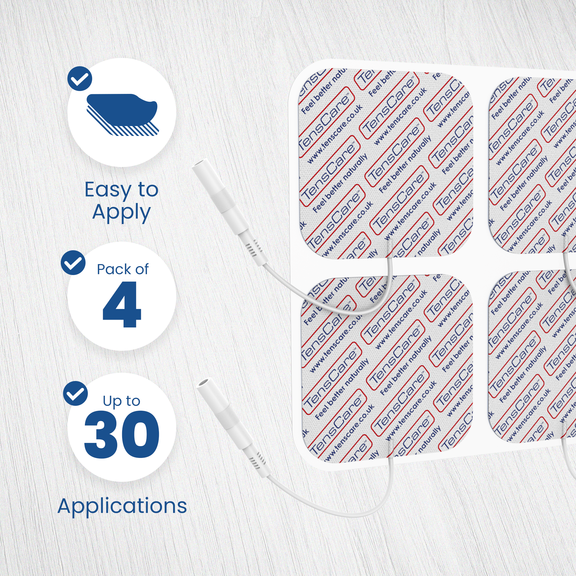 TensCare 50 x 50 mm electrodes, easy to apply, pack of 4, up to 30 applications