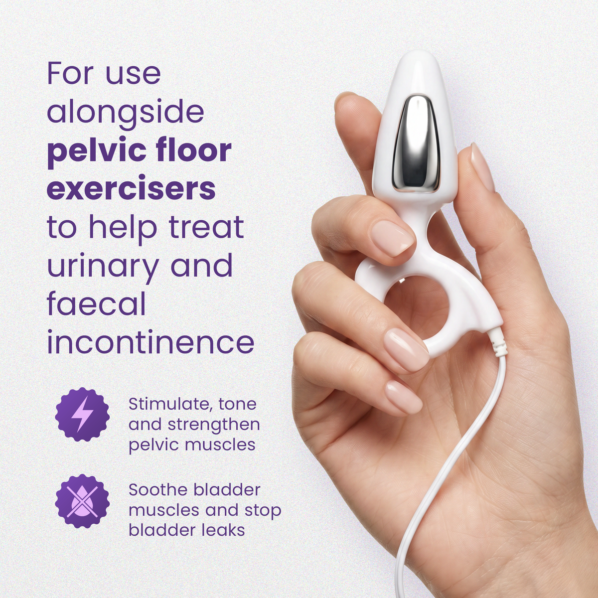 Hand holding the Liberty Mini probe, for use alongside pelvic floor exercisers