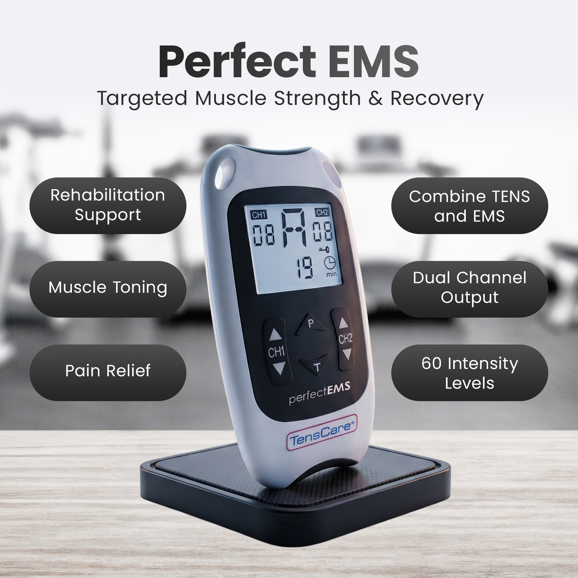 Perfect EMS unit on a stand, listing rehabilitation support, muscle toning, dual channel output and 60 intensity levels