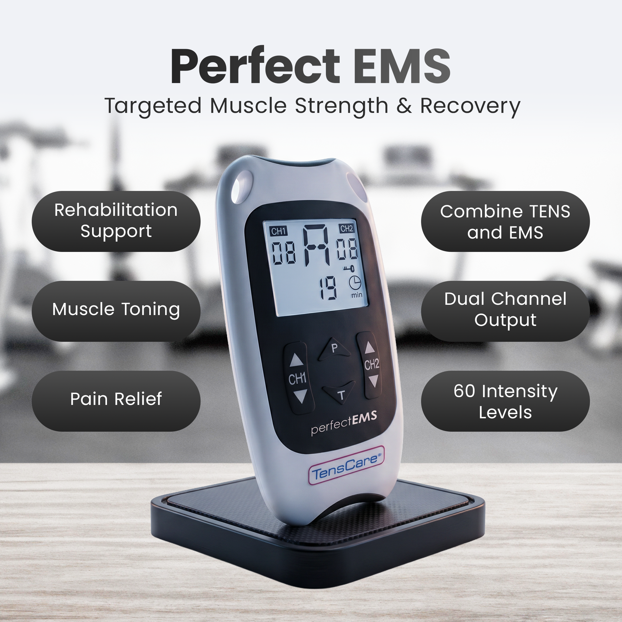 Perfect EMS unit on a stand, listing rehabilitation support, muscle toning, dual channel output and 60 intensity levels