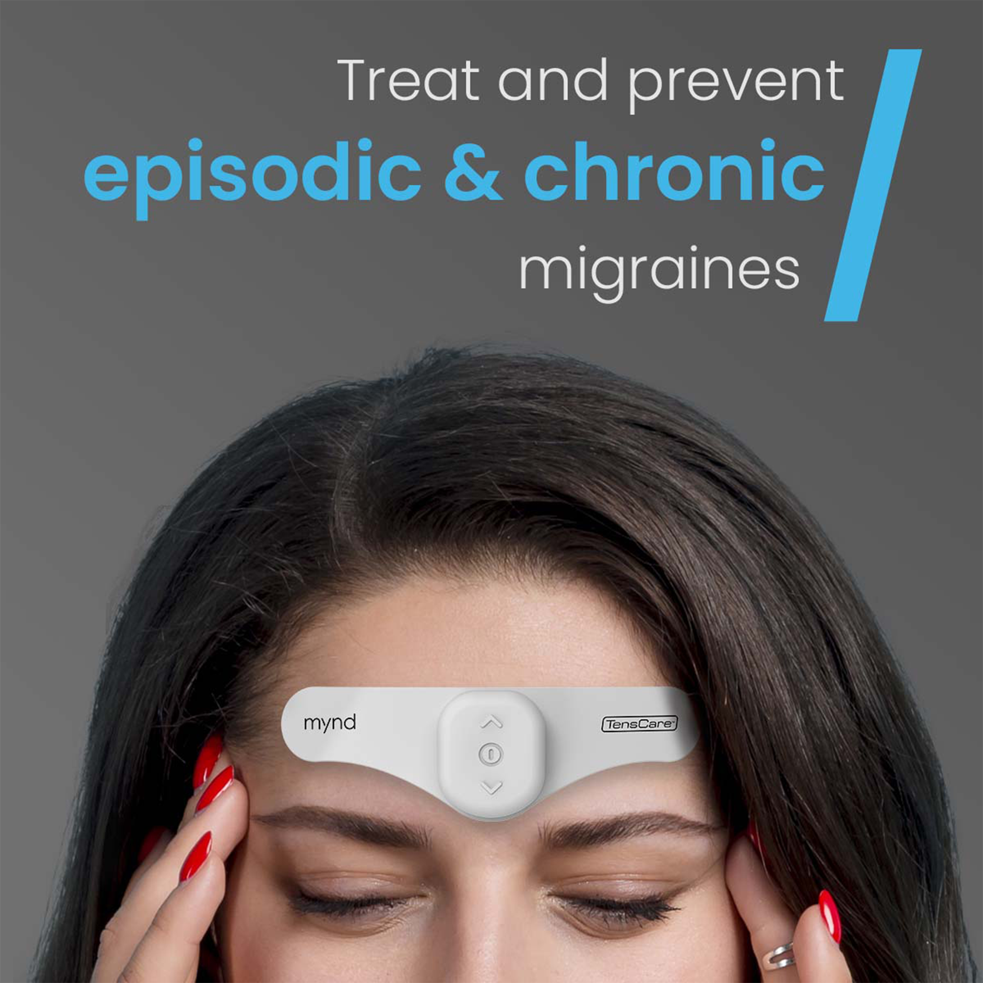 Woman wearing the TensCare Mynd migraine relief headband on her forehead
