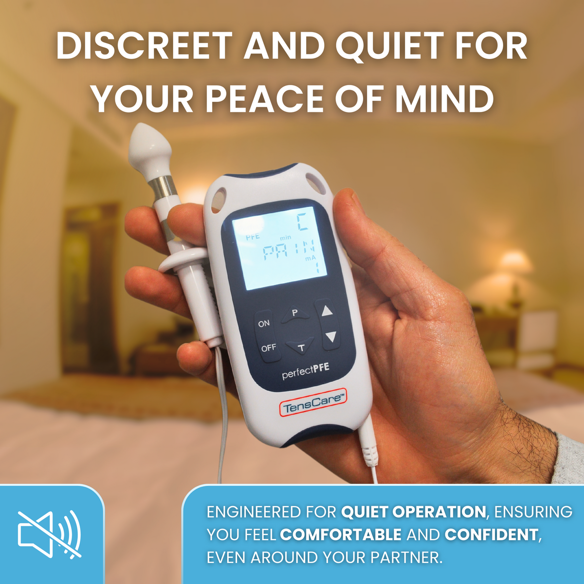 Hand holding the Perfect PFE unit; engineered for quiet operation and discreet use