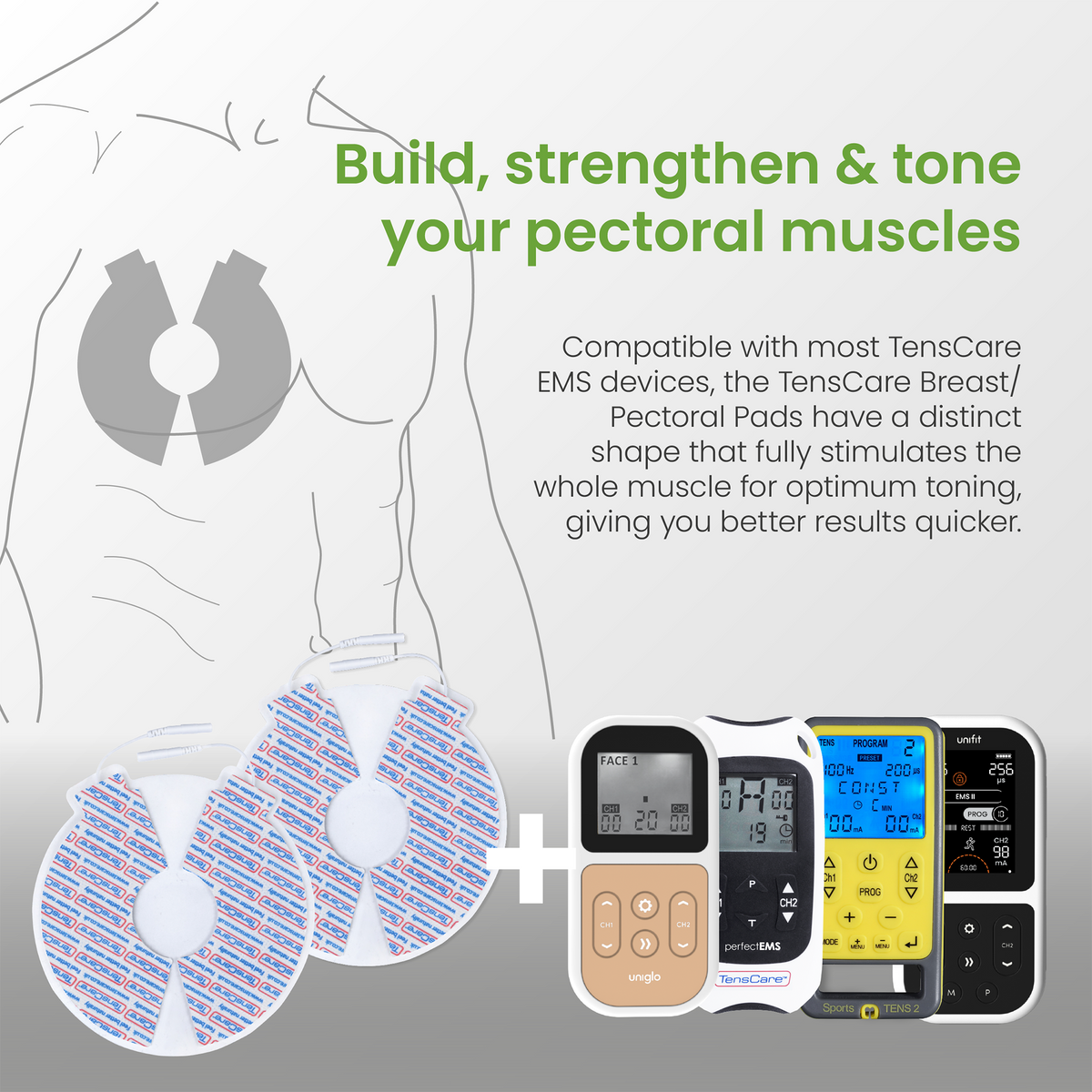 Illustration of breast electrode placement on the chest, for building and toning pectoral muscles