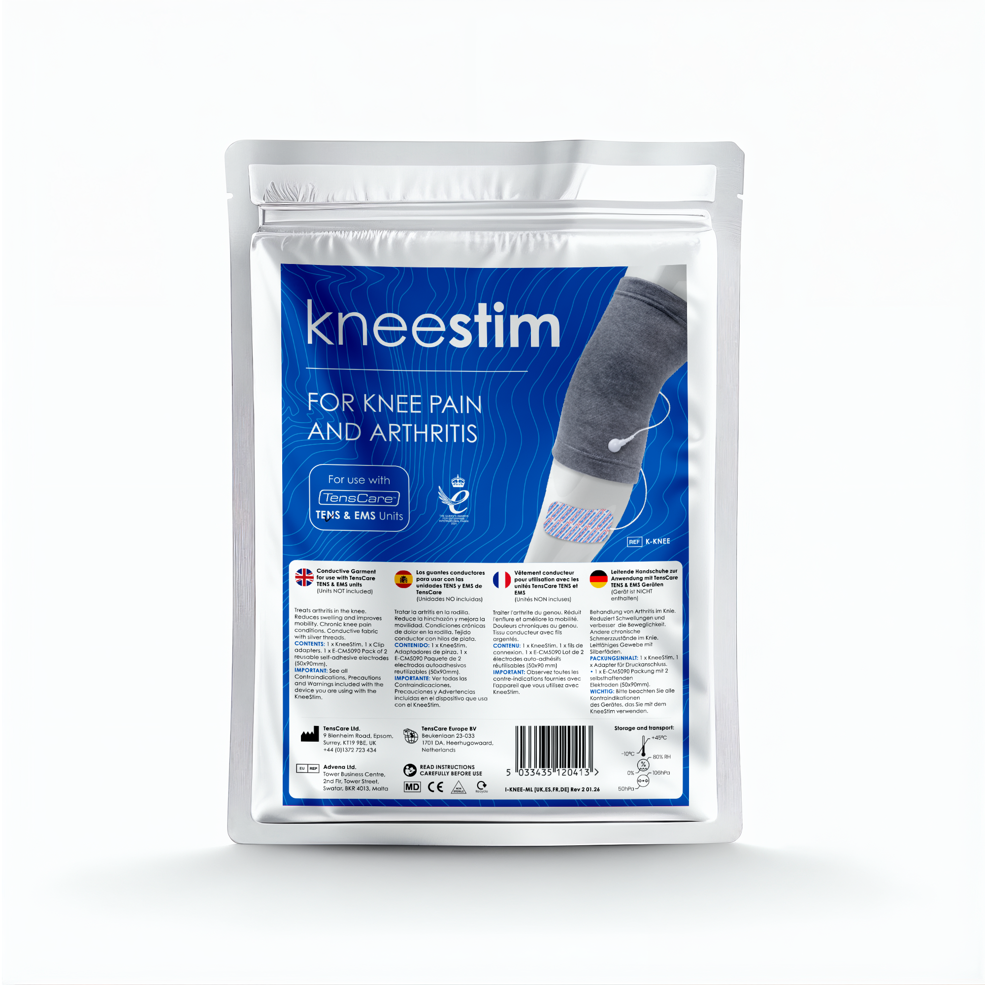 TensCare kneestim for knee pain and arthritis retail pouch, front