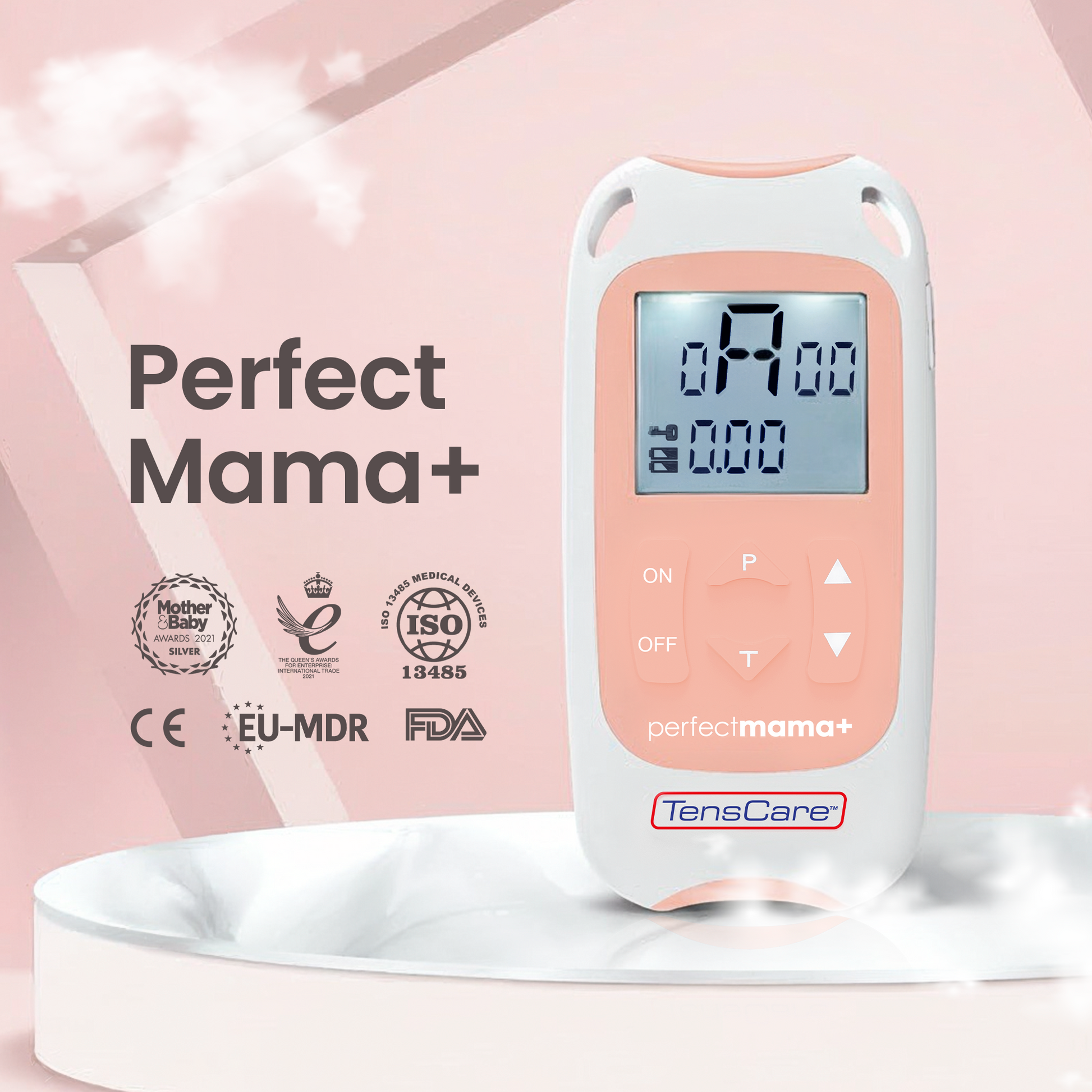 Perfect Mama+ unit with Made for Mums, ISO 13485, CE, EU-MDR and FDA marks