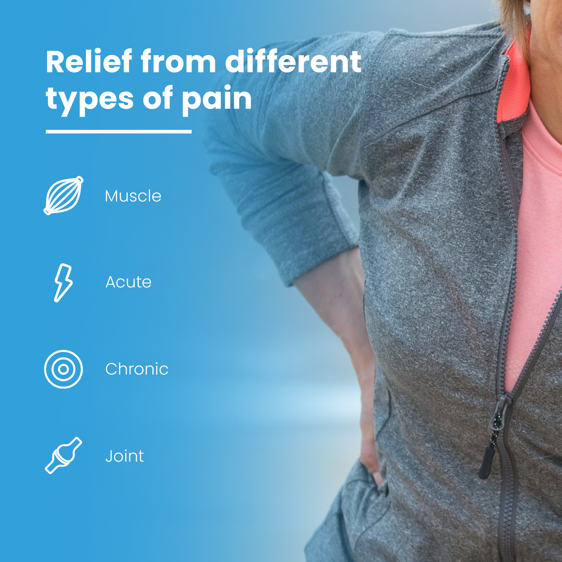 Person holding their shoulder; Perfect TENS relieves muscle, acute, chronic and joint pain