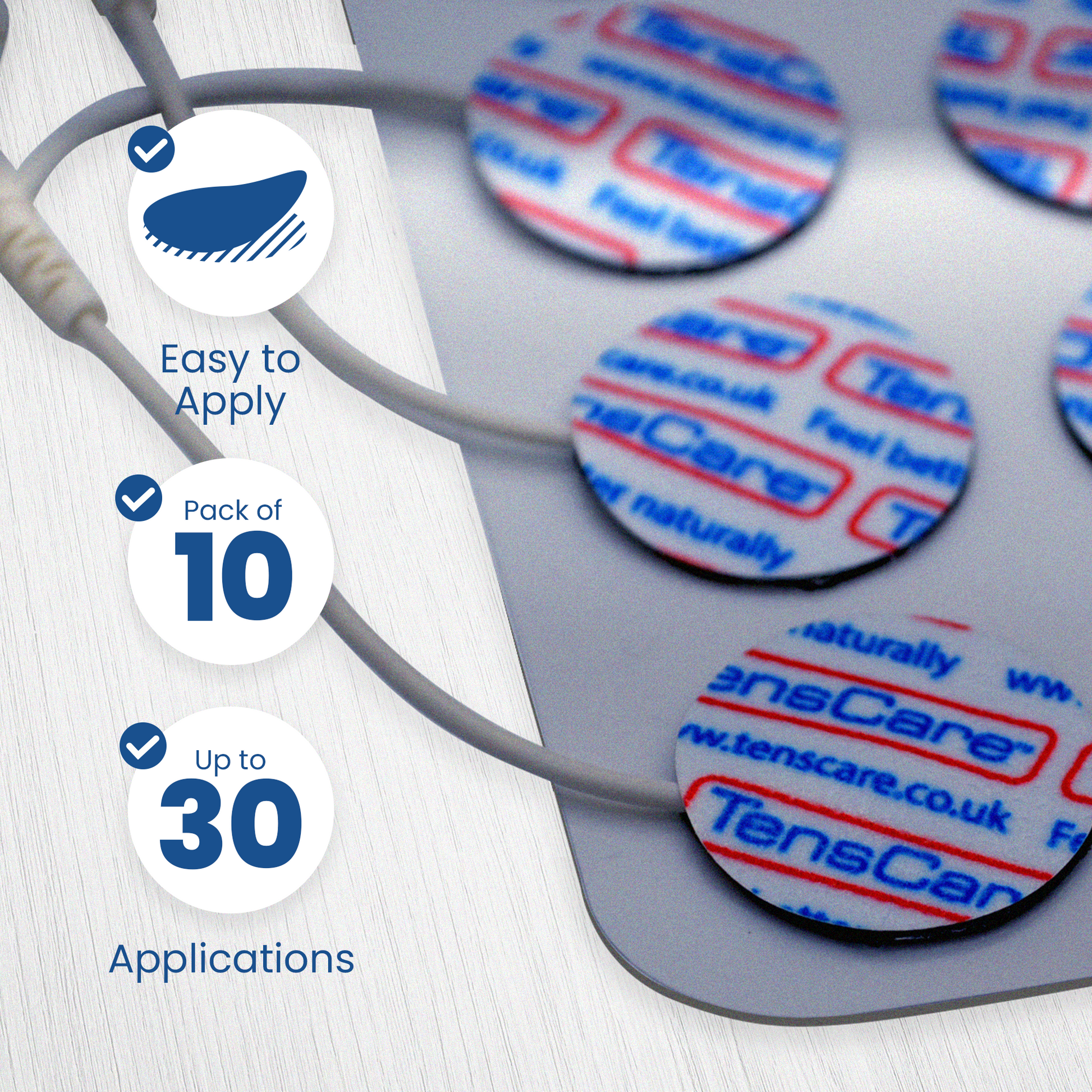 Close-up of TensCare 25 mm round electrode pads, pack of 10, up to 30 applications