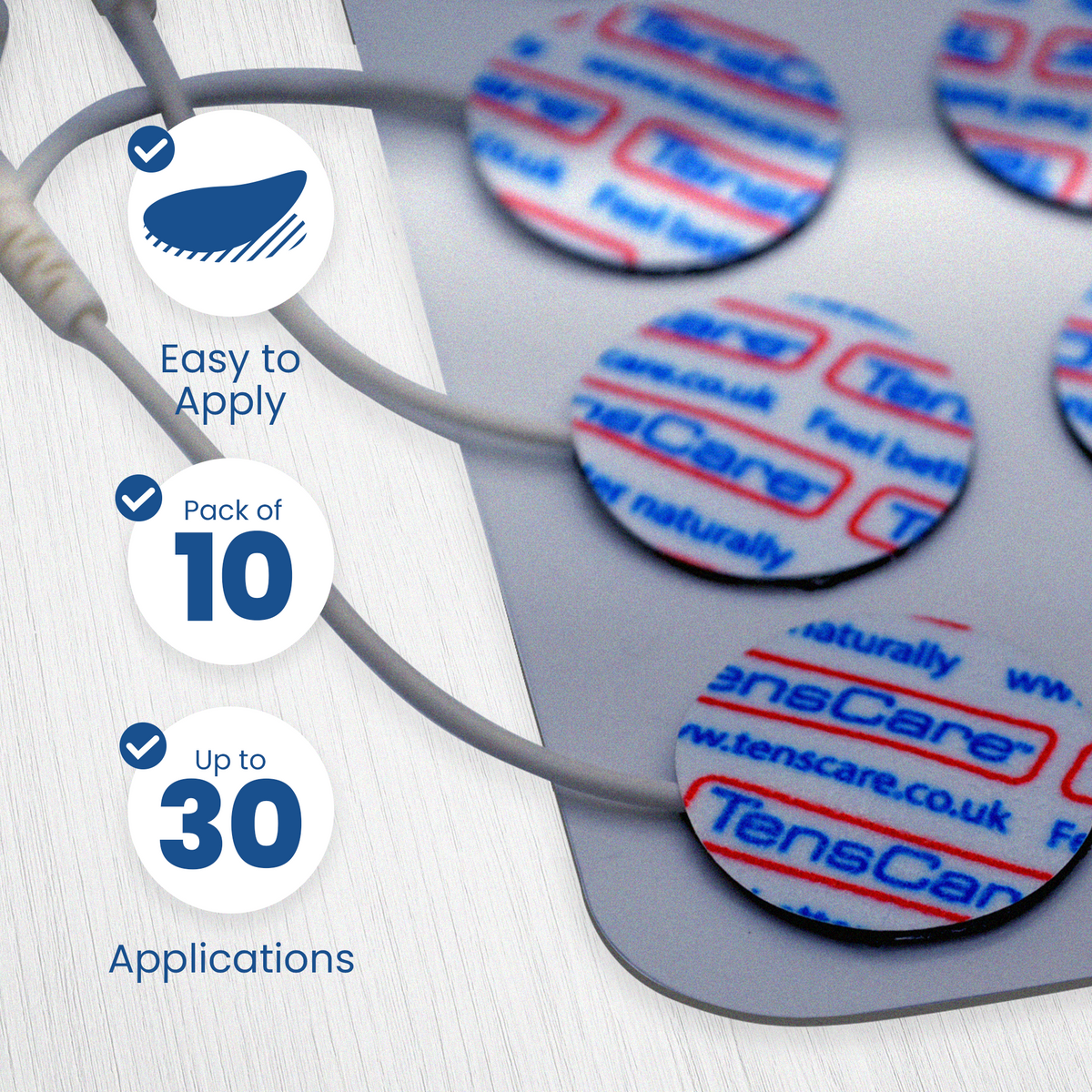 Close-up of TensCare 25 mm round electrode pads, pack of 10, up to 30 applications